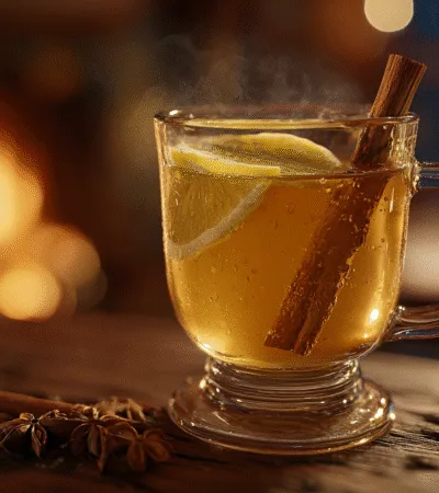 Tasse de grog fumante posée sur une table en bois rustique près d'une cheminée, ambiance hivernale cocooning en France.