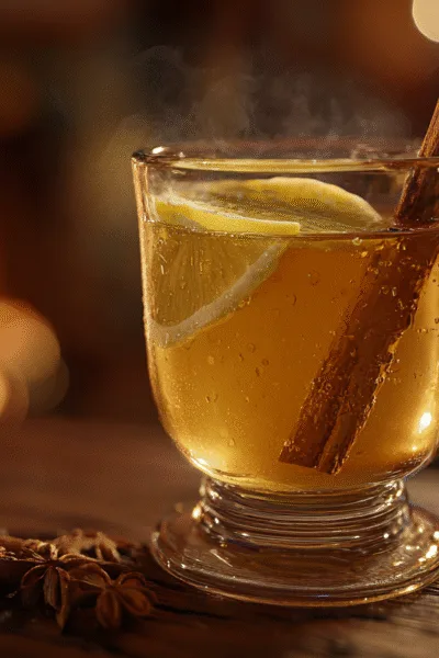 Tasse de grog fumante posée sur une table en bois rustique près d'une cheminée, ambiance hivernale cocooning en France.