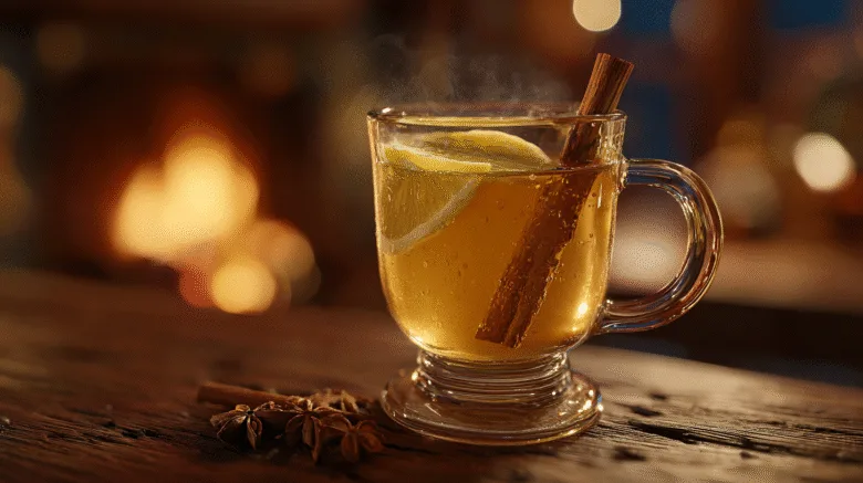 Tasse de grog fumante posée sur une table en bois rustique près d'une cheminée, ambiance hivernale cocooning en France.
