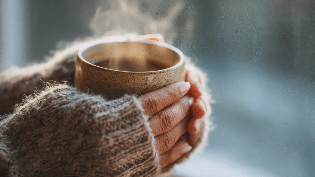 Deux mains tenant une tasse chaude de grog pour se réchauffer, concept de confort et soin du rhume.