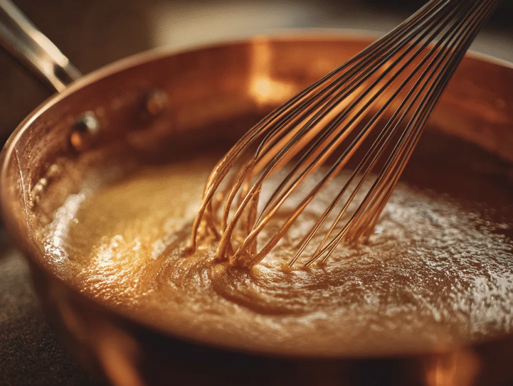 Gros plan sur un fouet mélangeant le beurre et la farine dans une casserole en cuivre pour réussir un roux de béchamel sans grumeaux.