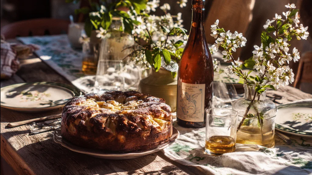 Table de Pâques dressée avec un gâteau aux pommes familial en dessert.