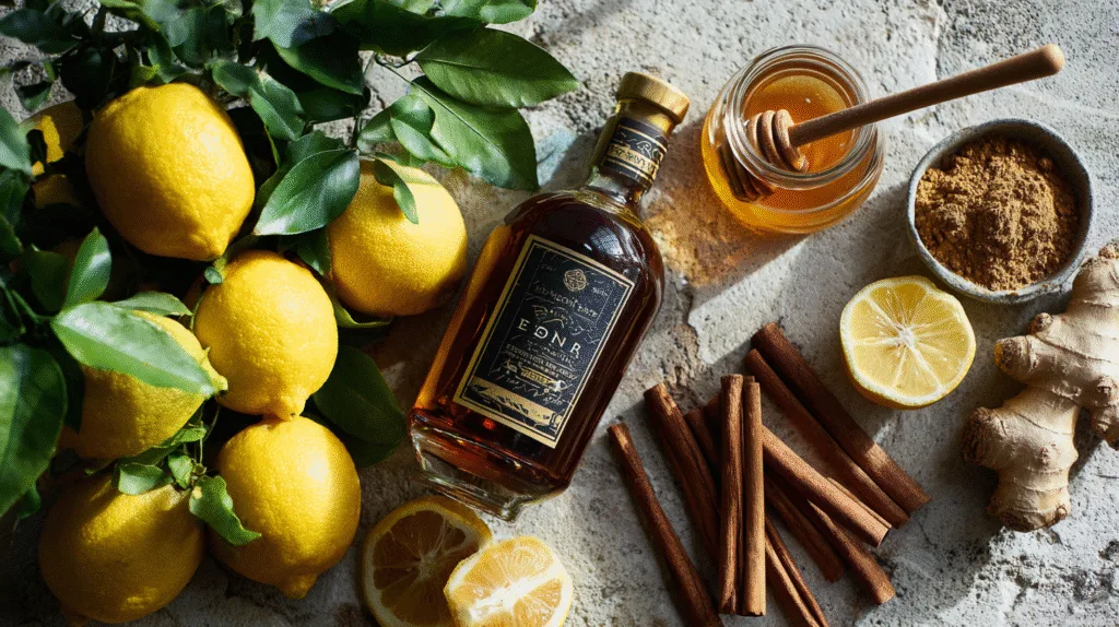 Ingrédients frais pour faire un grog : citron bio coupé, pot de miel de thym artisanal, bâtons de cannelle et bouteille de rhum ambré.
