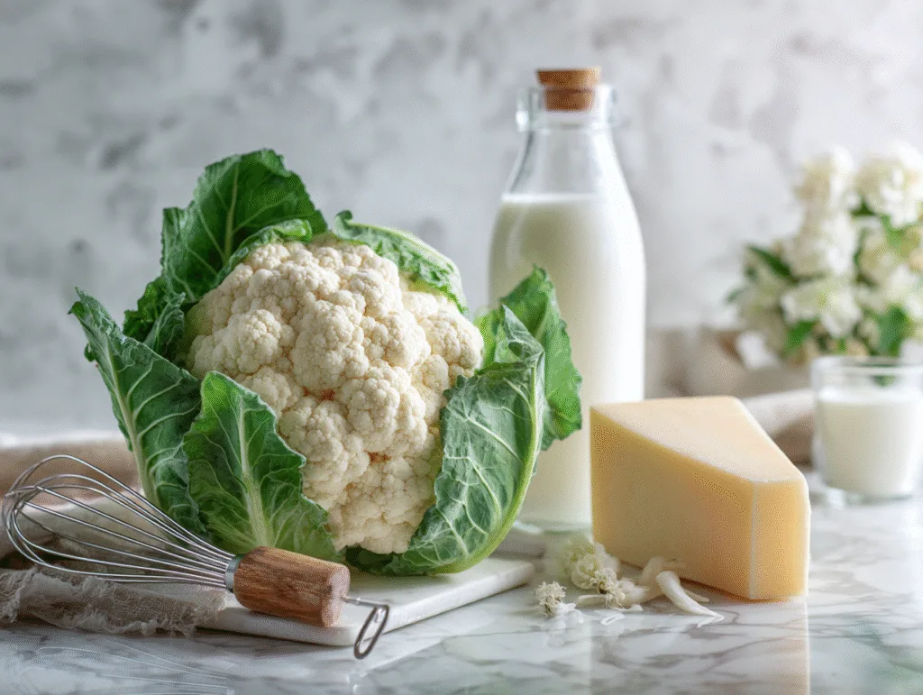 Une tête de chou-fleur frais, un bloc de Comté AOP et du lait entier disposés sur un plan de travail pour une recette maison.