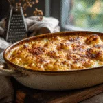 Un gratin de chou-fleur doré et croustillant sortant du four dans un plat en céramique rustique, avec de la vapeur chaude.