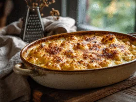 Un gratin de chou-fleur doré et croustillant sortant du four dans un plat en céramique rustique, avec de la vapeur chaude.