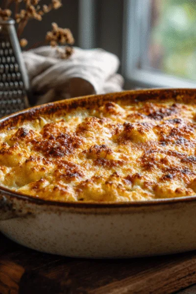 Un gratin de chou-fleur doré et croustillant sortant du four dans un plat en céramique rustique, avec de la vapeur chaude.