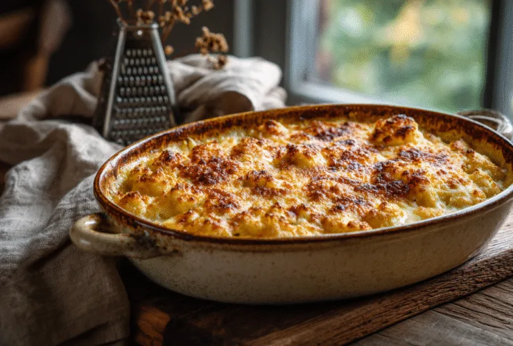 Un gratin de chou-fleur doré et croustillant sortant du four dans un plat en céramique rustique, avec de la vapeur chaude.