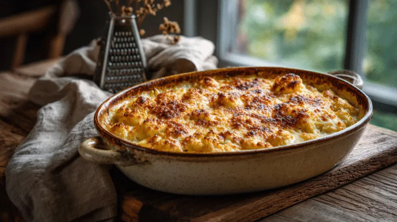 Un gratin de chou-fleur doré et croustillant sortant du four dans un plat en céramique rustique, avec de la vapeur chaude.
