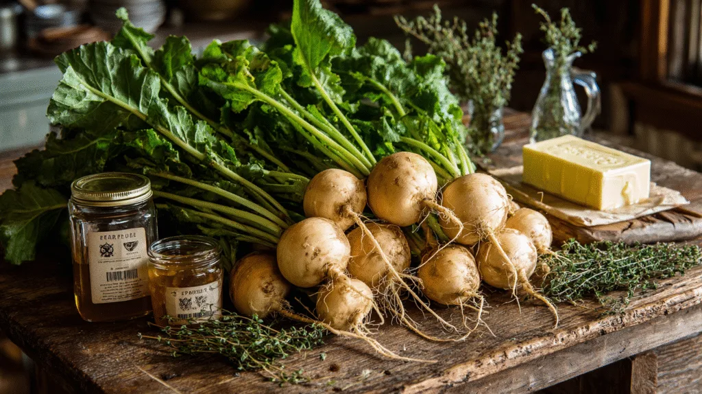 navet boule d'or — navets frais avec fanes vertes sur table en bois rustique, beurre, miel et thym pour la préparation de la recette