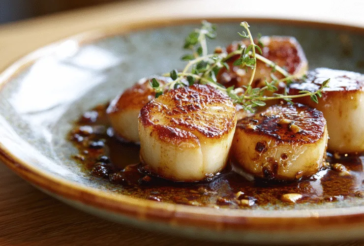navet — plat de haute gastronomie française, navets glacés au miel caramélisés et brillants sur assiette artisanale en céramique, photo culinaire raffinée