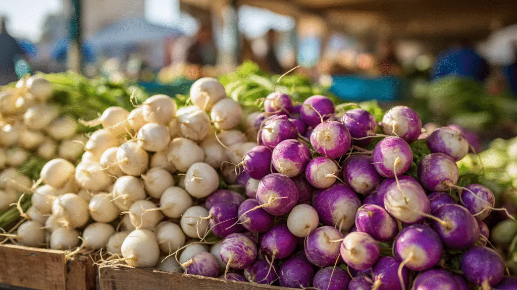 navet — marché provençal en plein air, étalage de navets blancs et violets frais en piles, ambiance de marché en arrière-plan flou, lumière du matin