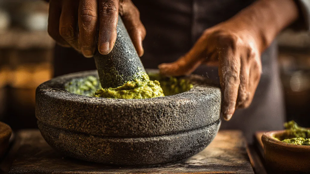 Préparation traditionnelle du guacamole recette au mortier molcajete.