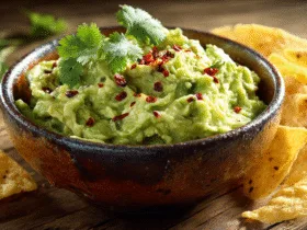 Bol de guacamole recette maison onctueux avec coriandre et chips de maïs sur table en bois.