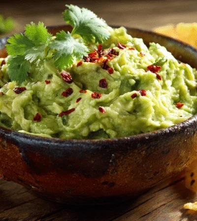 Bol de guacamole recette maison onctueux avec coriandre et chips de maïs sur table en bois.