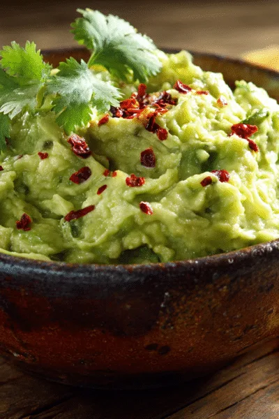 Bol de guacamole recette maison onctueux avec coriandre et chips de maïs sur table en bois.