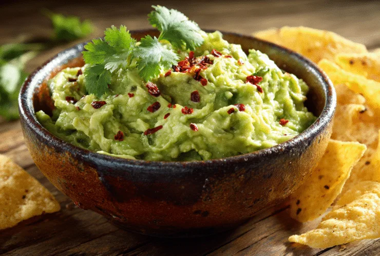 Bol de guacamole recette maison onctueux avec coriandre et chips de maïs sur table en bois.