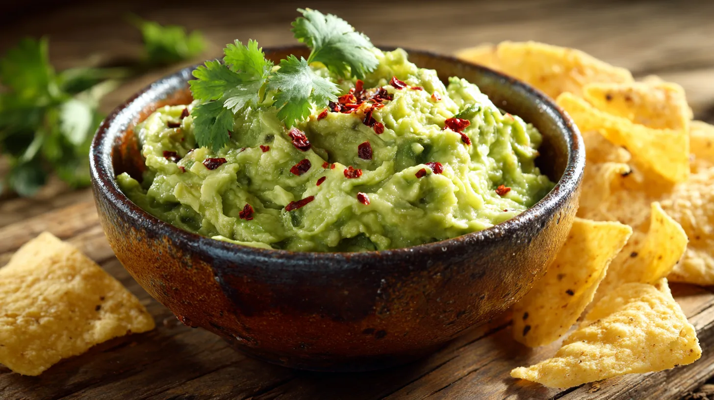 Bol de guacamole recette maison onctueux avec coriandre et chips de maïs sur table en bois.