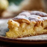 Part de gâteau aux pommes moelleux avec morceaux apparents sur assiette rustique.