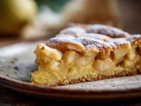 Part de gâteau aux pommes moelleux avec morceaux apparents sur assiette rustique.