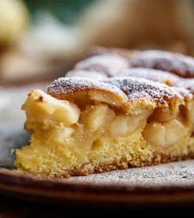 Part de gâteau aux pommes moelleux avec morceaux apparents sur assiette rustique.