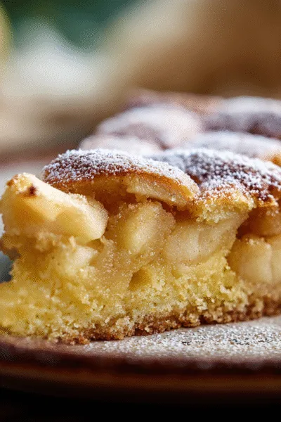 Part de gâteau aux pommes moelleux avec morceaux apparents sur assiette rustique.