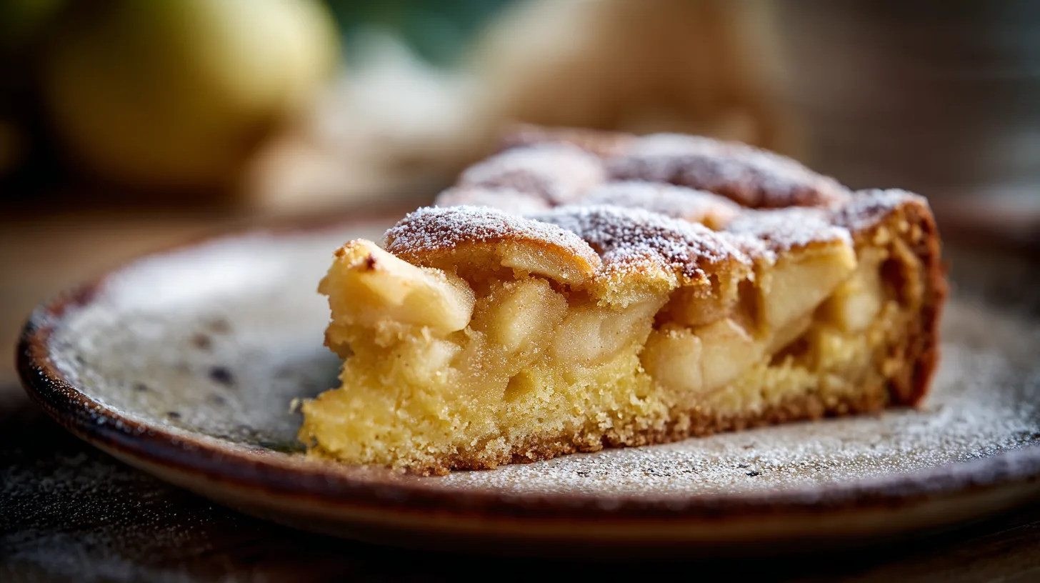 Part de gâteau aux pommes moelleux avec morceaux apparents sur assiette rustique.