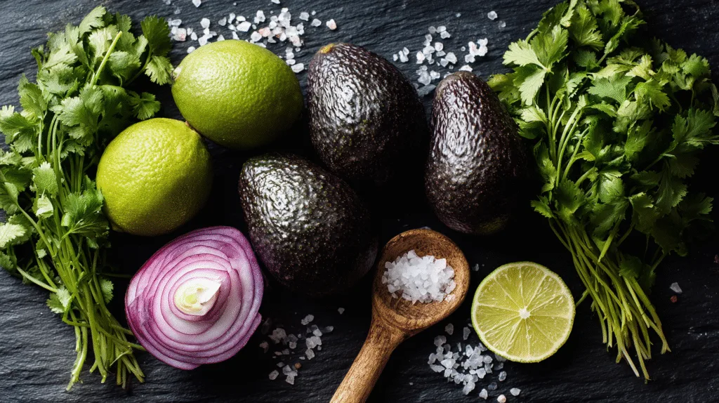 Ingrédients frais pour guacamole recette : avocats Hass, citrons verts et coriandre.