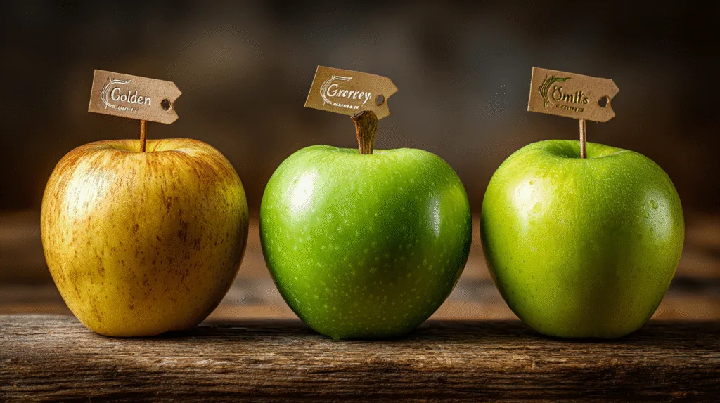 Comparatif visuel des variétés de pommes : Golden, Granny Smith et Reinette.