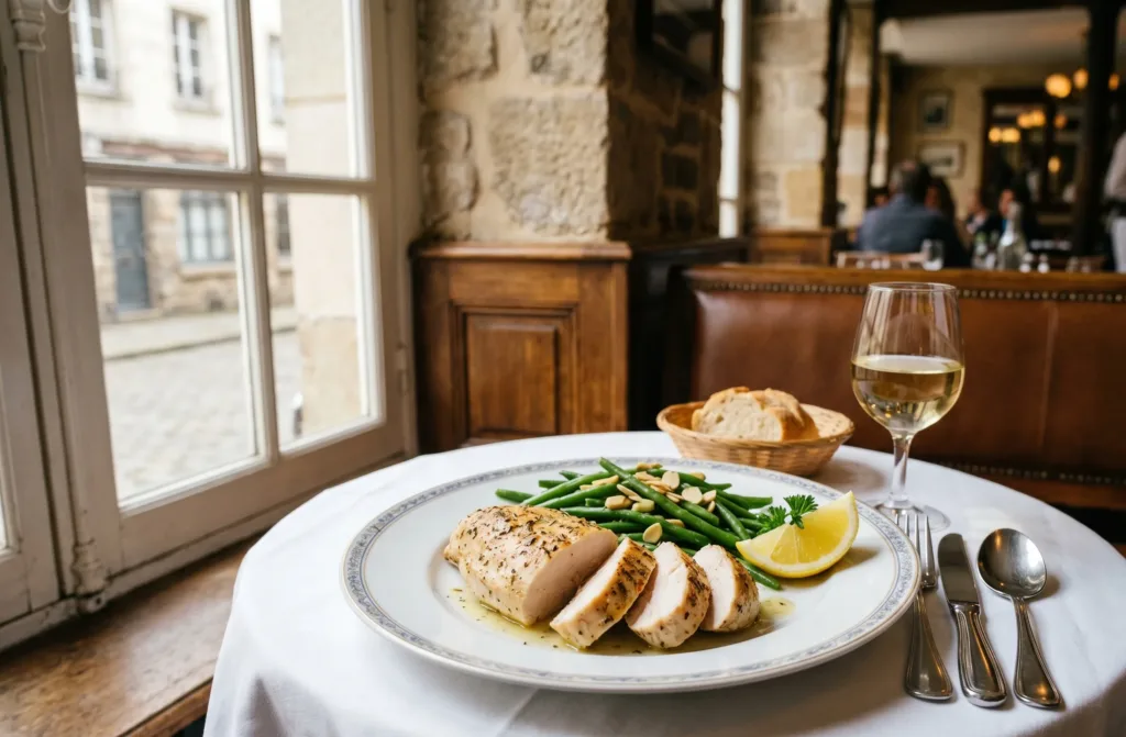 Blanc de poulet juteux cuit à l'airfryer coupé en tranches sur une assiette avec haricots verts.