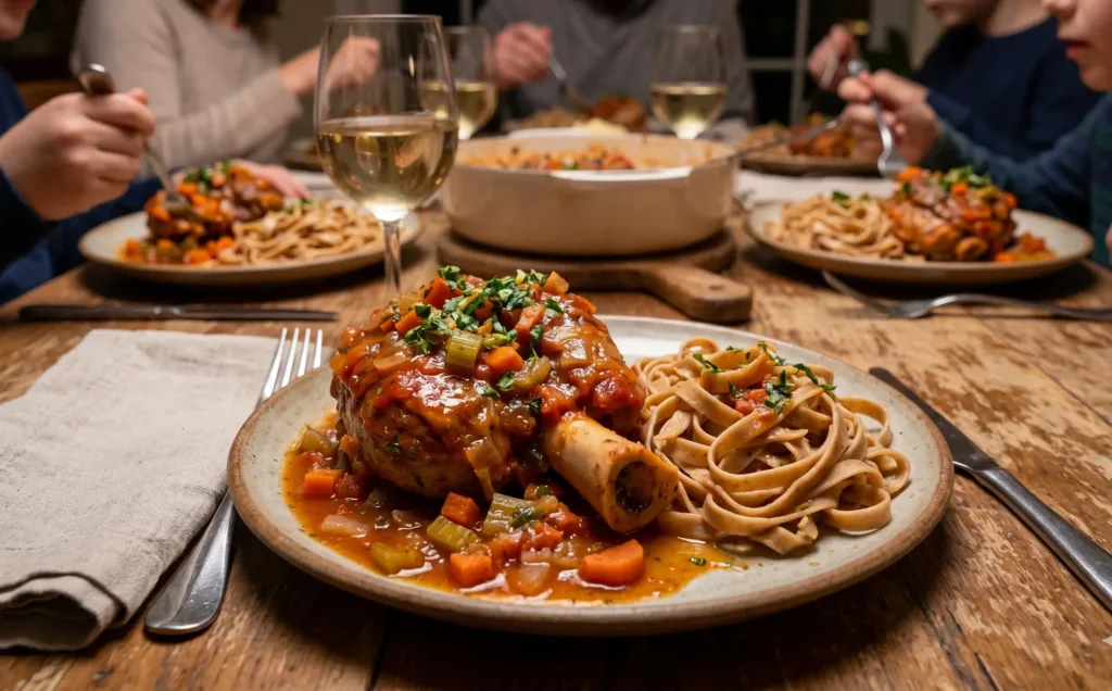 Osso bucco de dinde à la tomate servi à table avec des pâtes complètes.