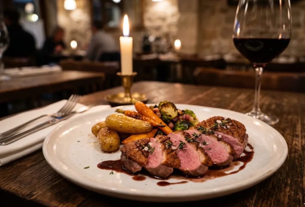 viande airfryer, Assiette élégante de magret de canard rosé avec une peau croustillante, servi à table en ambiance française.