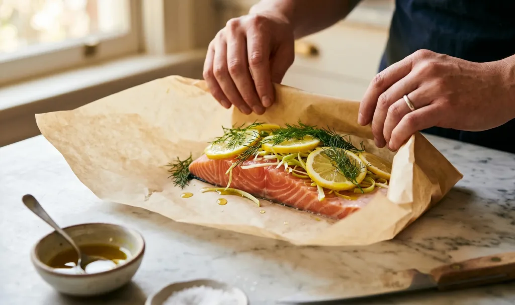 Préparation d'une papillote de saumon, technique de cuisson douce et saine