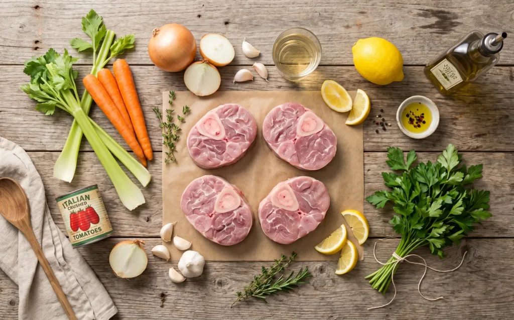 Ingrédients frais pour préparer la véritable recette osso bucco de dinde.