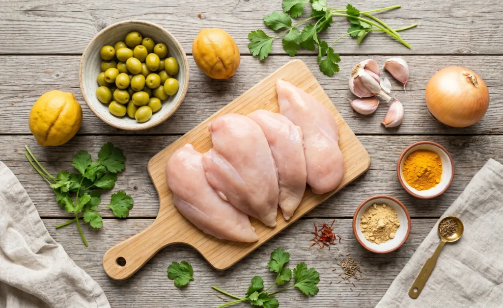 Ingrédients bruts pour la recette du poulet aux olives : poulet, citron confit, olives vertes, épices et aromates.