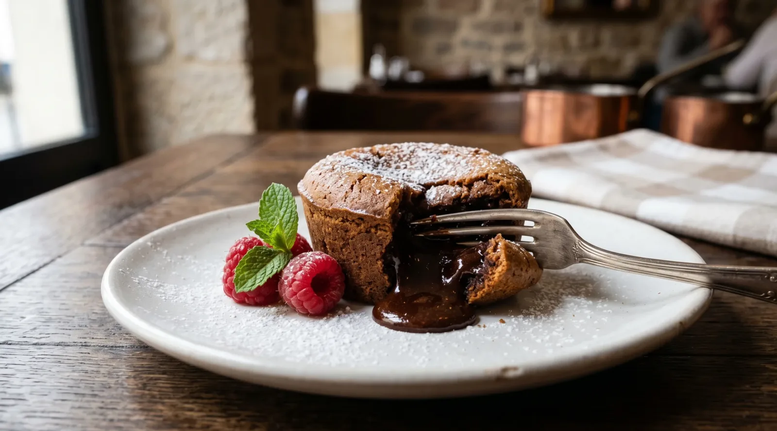 Fondant au chocolat dessert airfryer coulant à coeur servi sur assiette blanche avec framboises fraîches