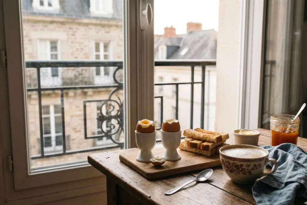Oeufs mollets airfryer servis en coquetier avec mouillettes, petit-déjeuner français à la française