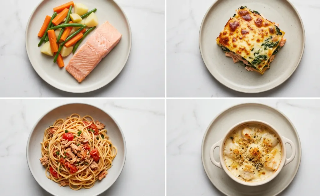 Différentes recettes de poisson : saumon, lasagnes, pâtes au thon et Saint-Jacques