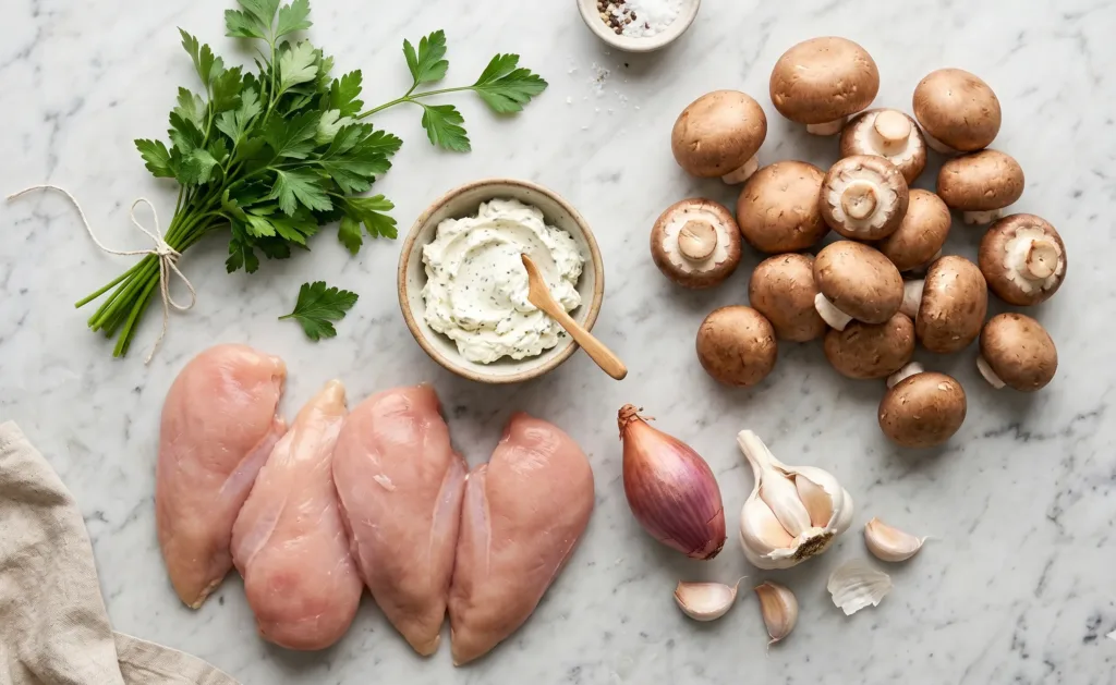 Ingrédients crus pour réaliser une ballotine de poulet avec champignons et fromage frais