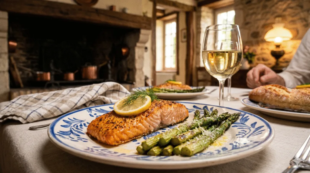 Assiette dressée avec un pavé de saumon et des asperges, un plat airfryer sain et savoureux servi sur une table de salle à manger.