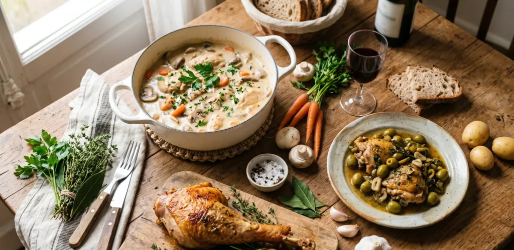 Sélection de recettes de volaille : blanquette de poulet, cuisse de dinde et poulet aux olives