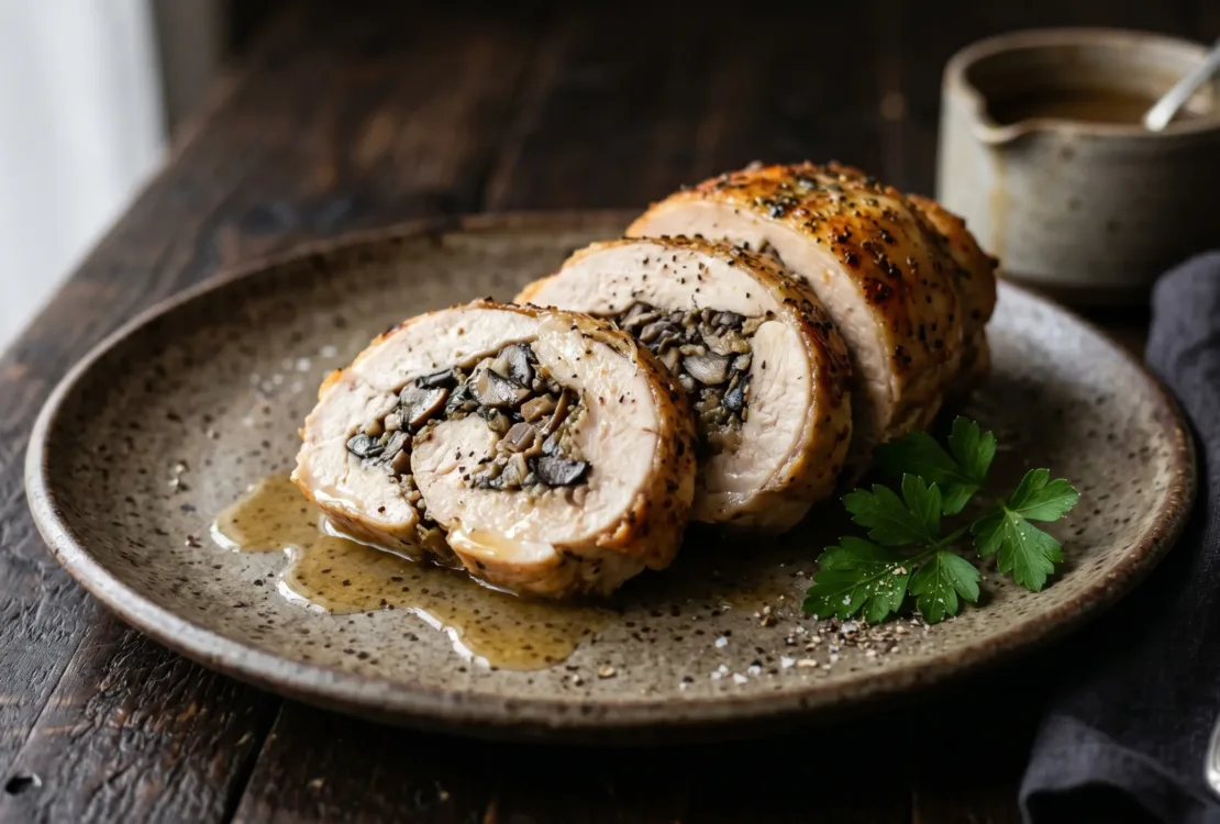 Ballotine de volaille dorée coupée en tranches montrant une farce aux champignons sur une assiette