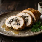 Ballotine de volaille dorée coupée en tranches montrant une farce aux champignons sur une assiette