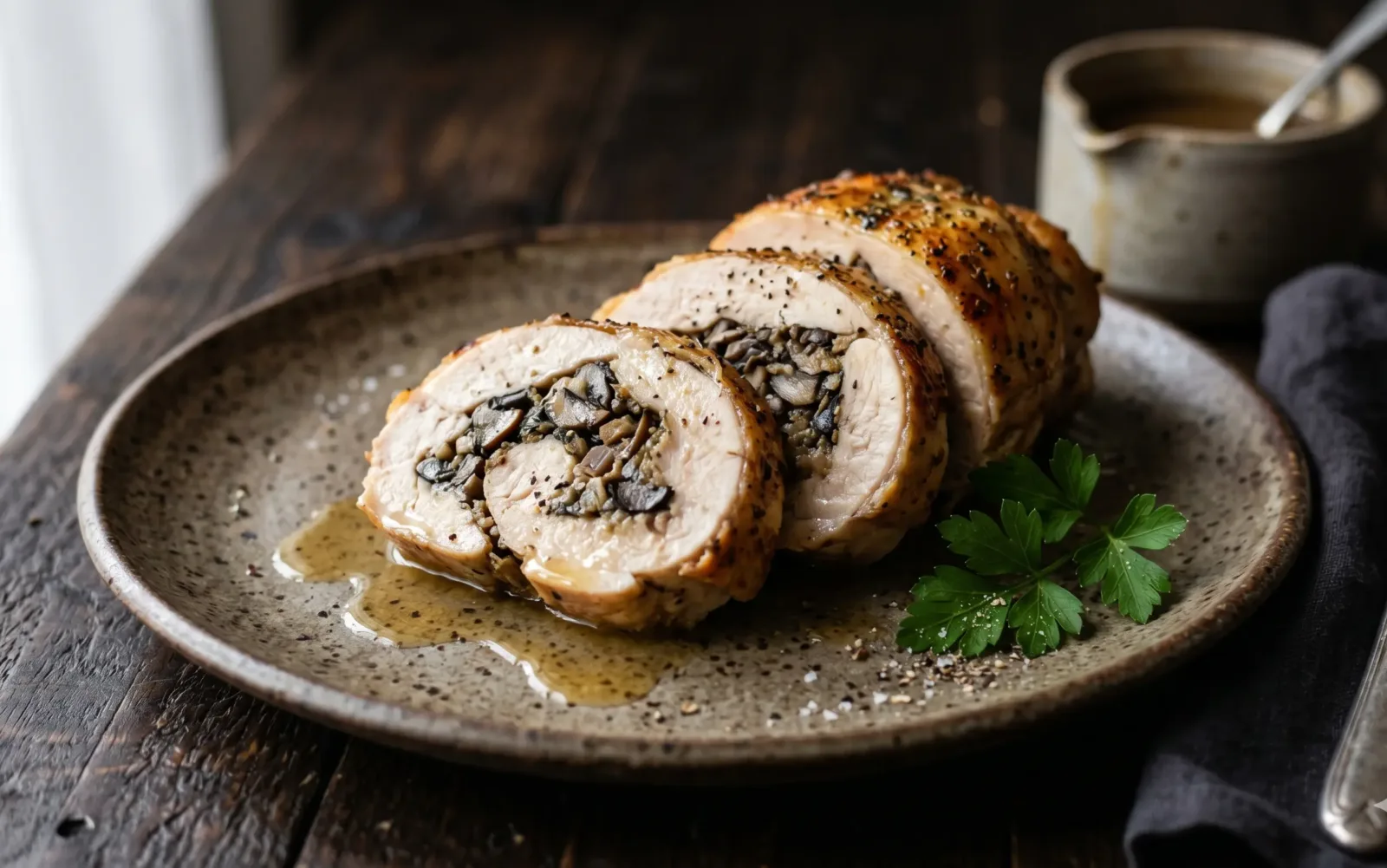 Ballotine de volaille dorée coupée en tranches montrant une farce aux champignons sur une assiette