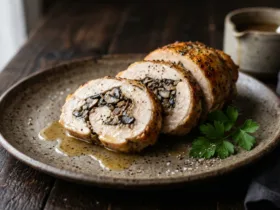 Ballotine de volaille dorée coupée en tranches montrant une farce aux champignons sur une assiette