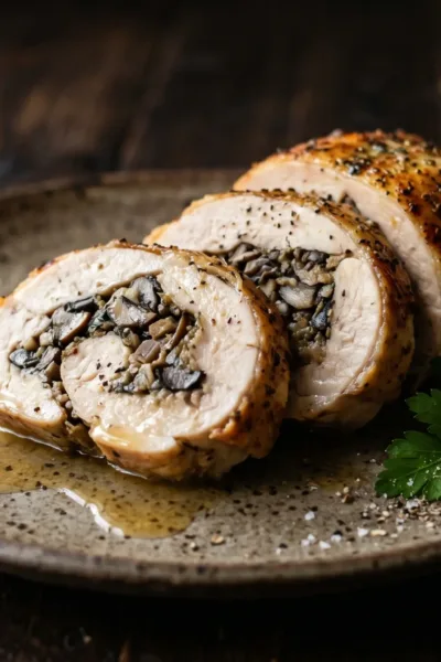 Ballotine de volaille dorée coupée en tranches montrant une farce aux champignons sur une assiette
