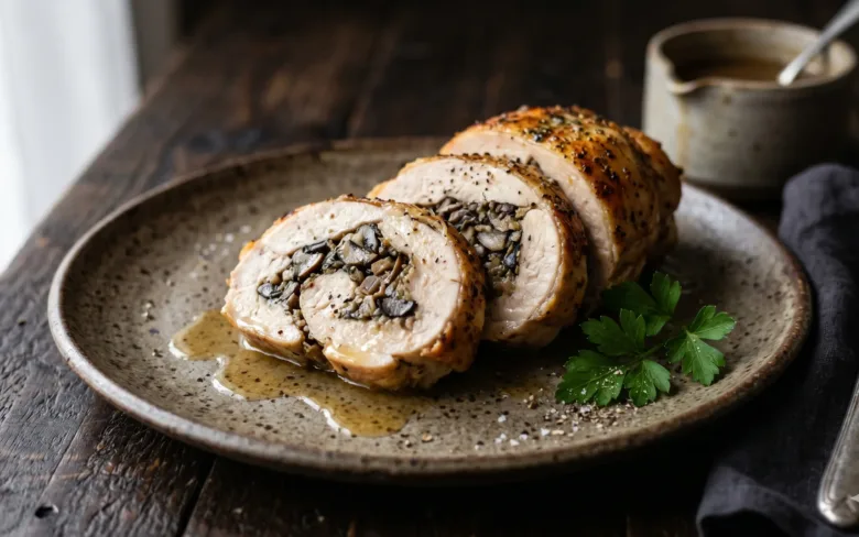 Ballotine de volaille dorée coupée en tranches montrant une farce aux champignons sur une assiette