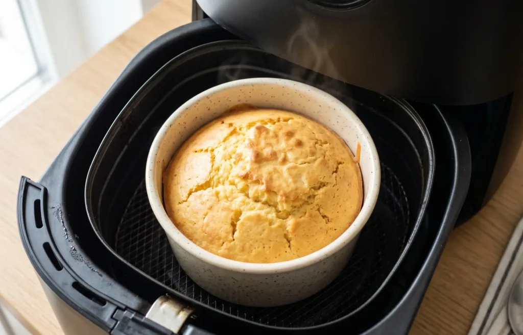 Moule à gâteau placé dans le panier d'une friteuse sans huile pendant la cuisson d'un dessert airfryer