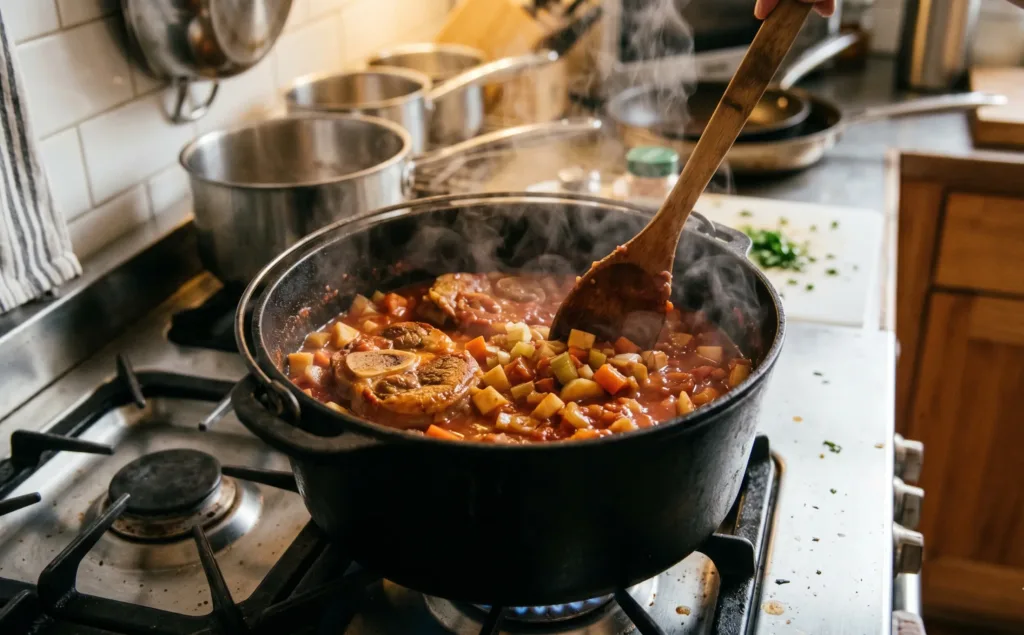 Cuisson osso bucco : la viande mijote doucement en cocotte dans la sauce tomate.