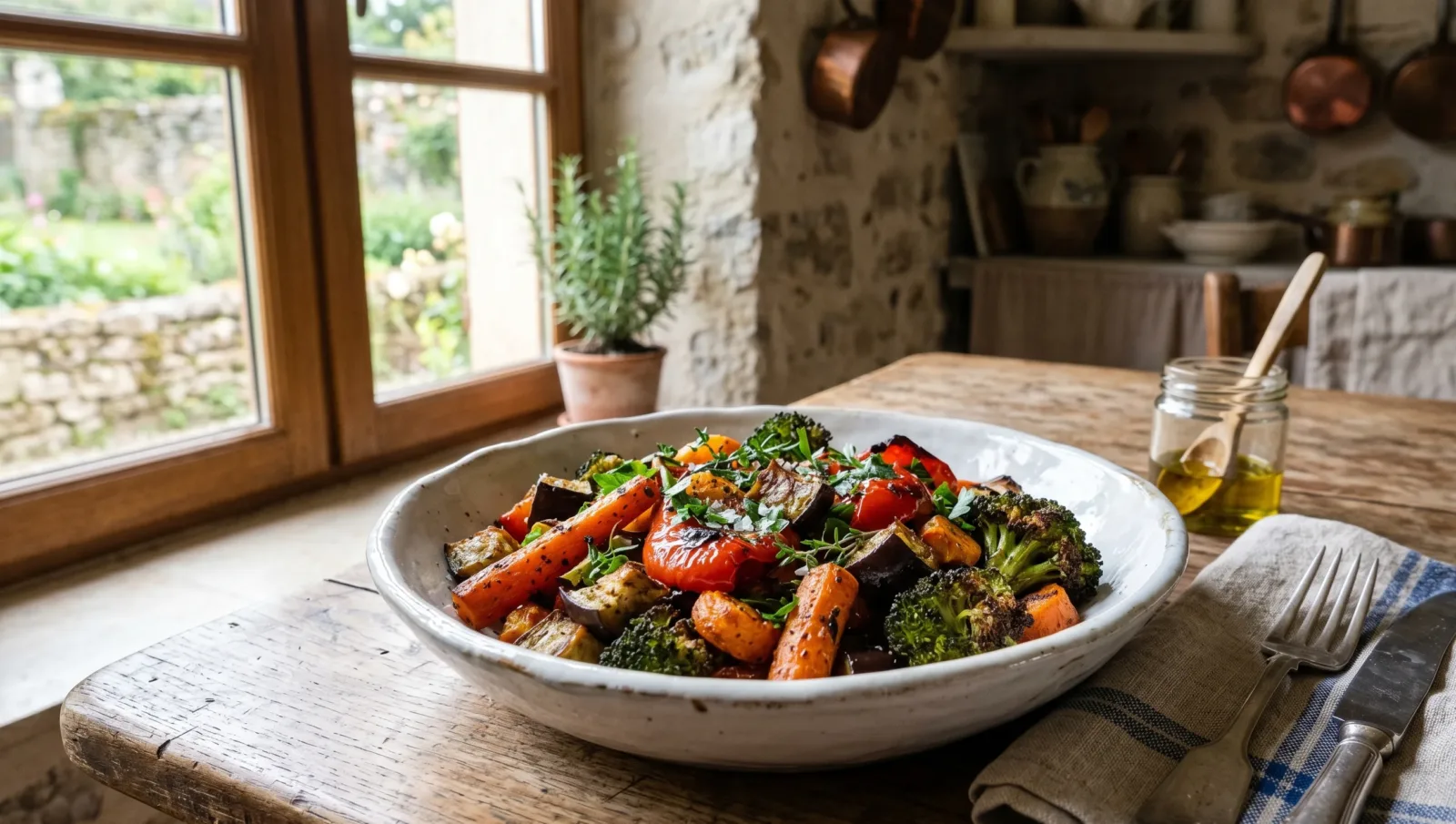 Légumes airfryer rôtis et colorés : poivrons, courgettes, carottes et brocolis caramélisés en bol blanc